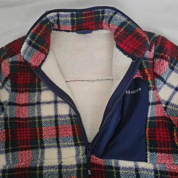 Vineyard Vines Red/Navy Blue Plaid Sherpa Fleece Half Zip Pullover Sweater XS - Picture 5 of 13